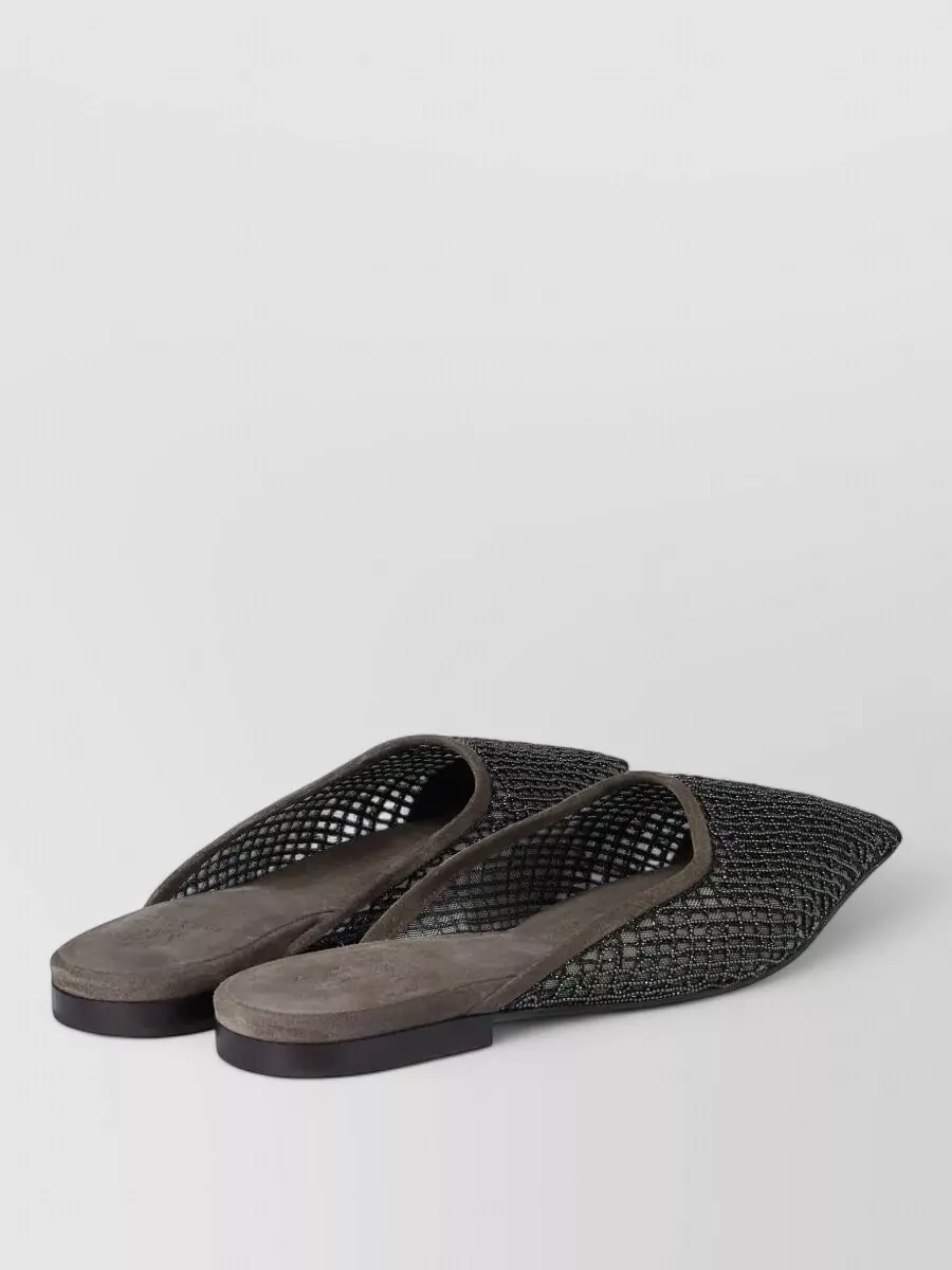 Brunello Cucinelli Suede Embellished Net Pointed Mules