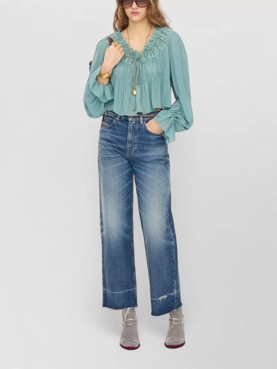 Chloé Silk Cropped Ruffled Long-Sleeve Blouse