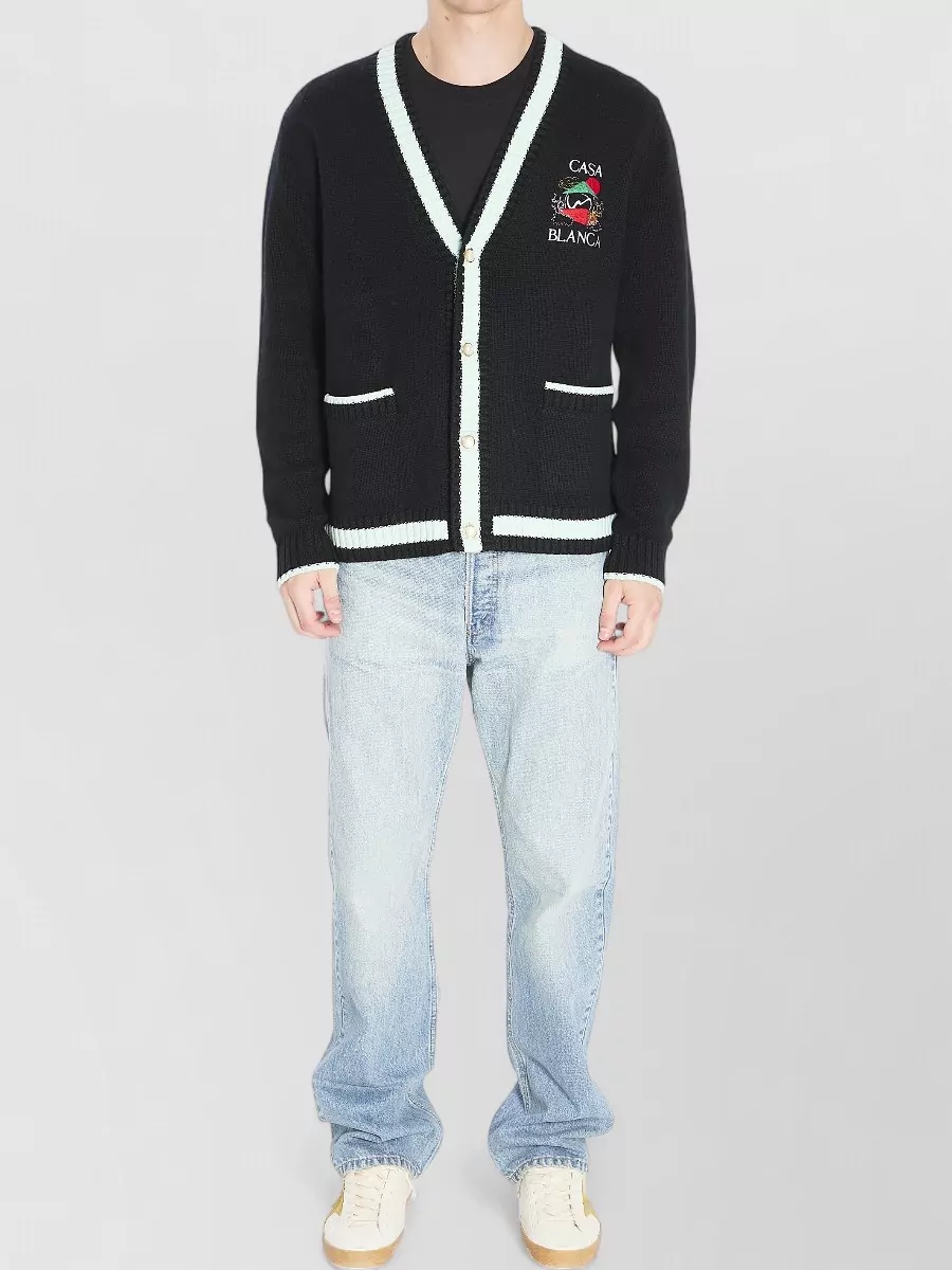 Casablanca Wool Cashmere V-Neck Ribbed Cardigan