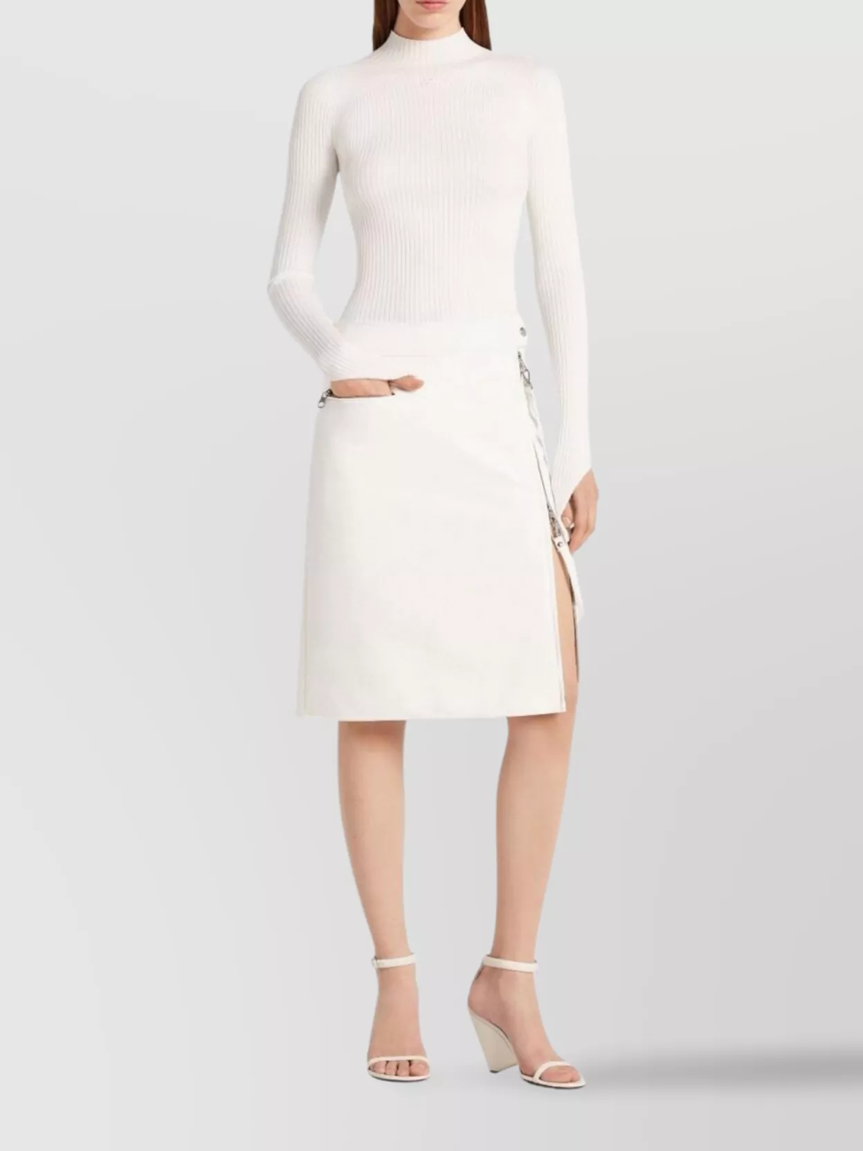 Courrèges Long Sleeve High Neck Ribbed Top In White