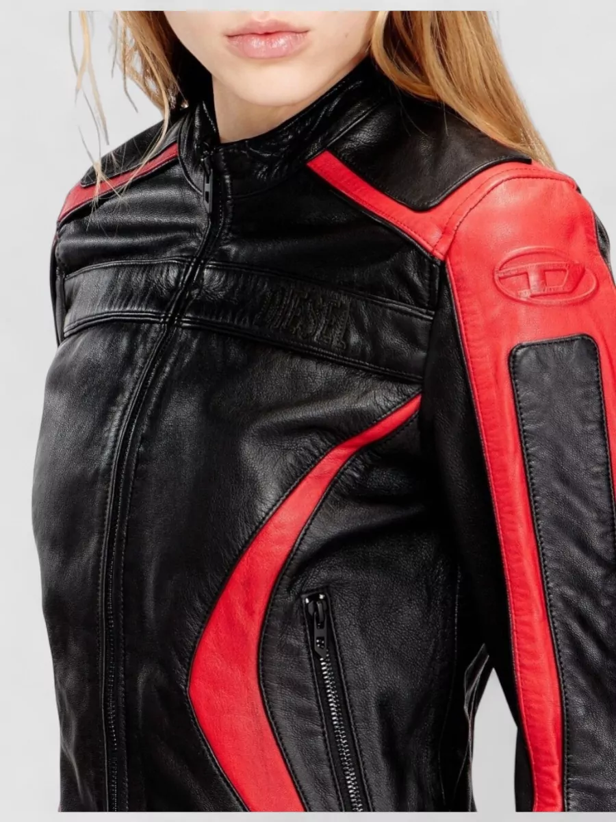 Diesel Leather Jacket Color Block Stand Collar