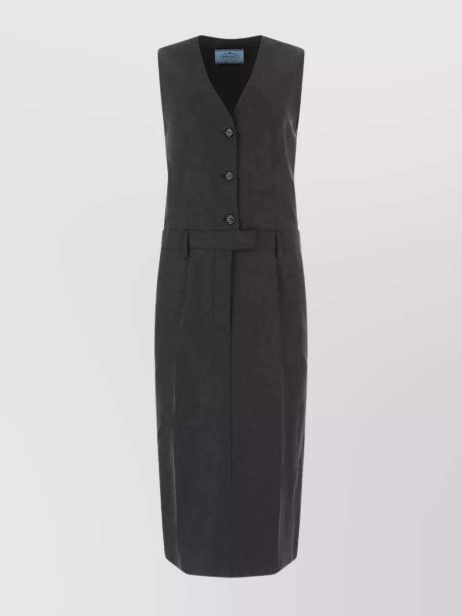 Shop Prada Sleeveless V-neck Wool Dress With Belted Waist In Black
