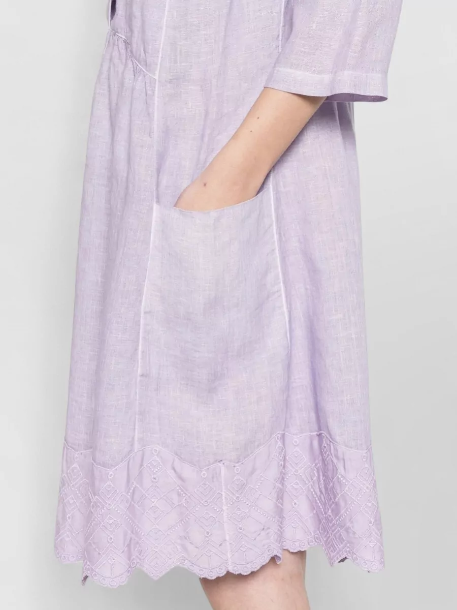 120% Lino Linen V-Neck Embroidered Knee-Length Dress