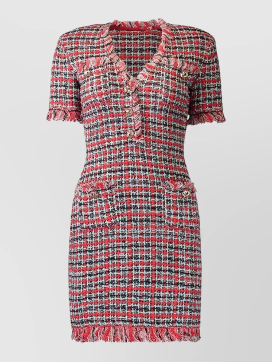 Self-Portrait checked frayed knit v-neck mini dress