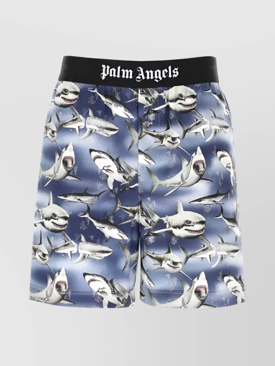 Shop Palm Angels Shark Logo Waistband Shorts In Grey