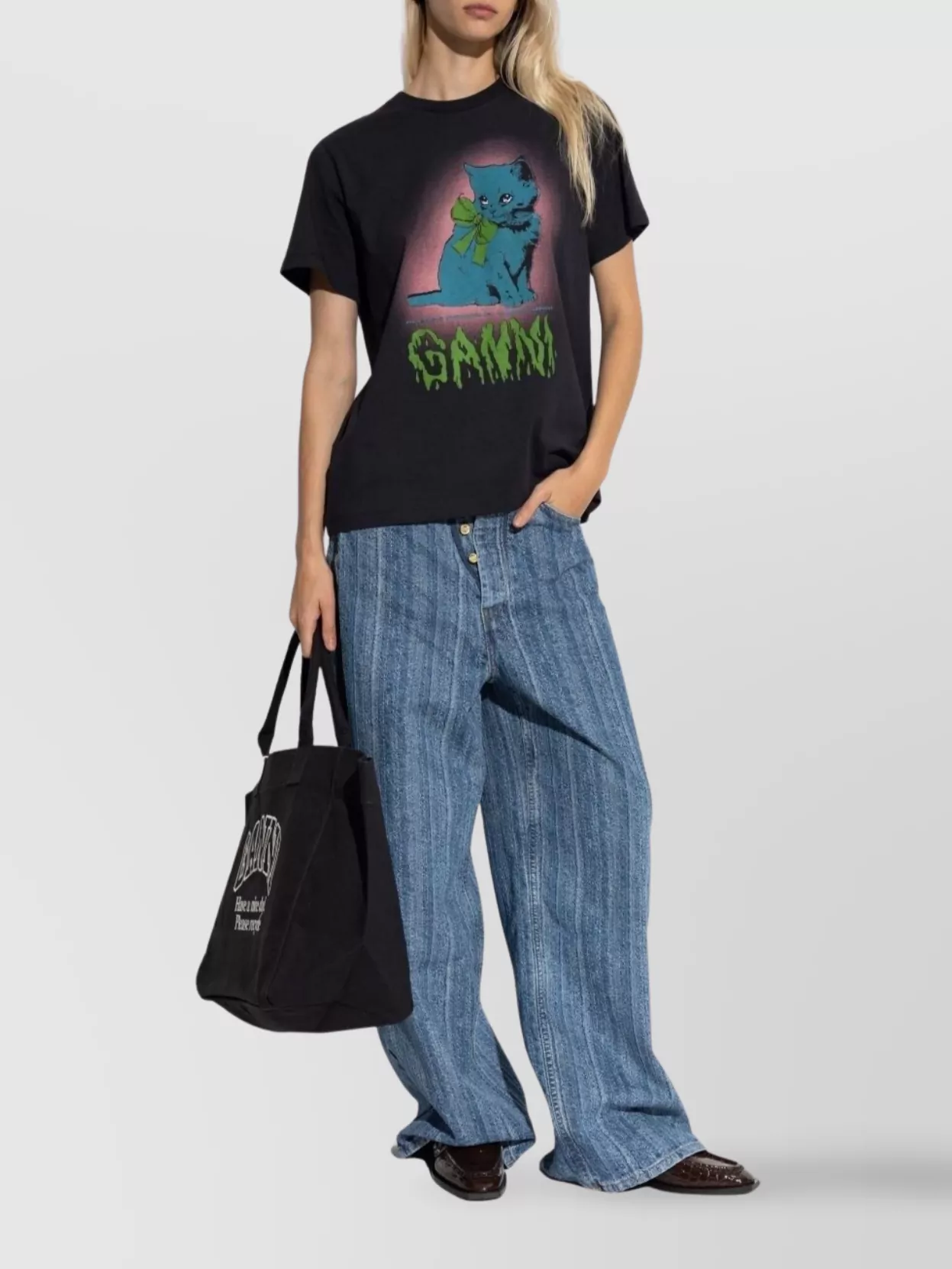 Ganni Women Basic Cotton Jersey Neon Kitty T-shirt In Black