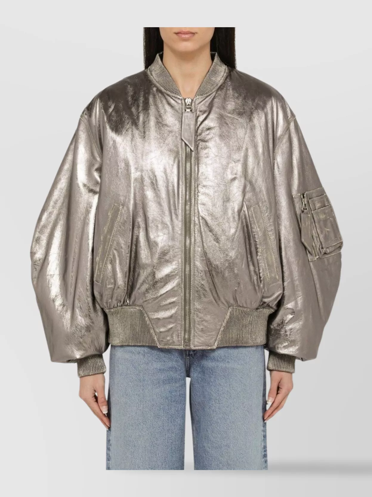 Attico Silver Leather Bomber Jacket With Metallic Finish In Neutral