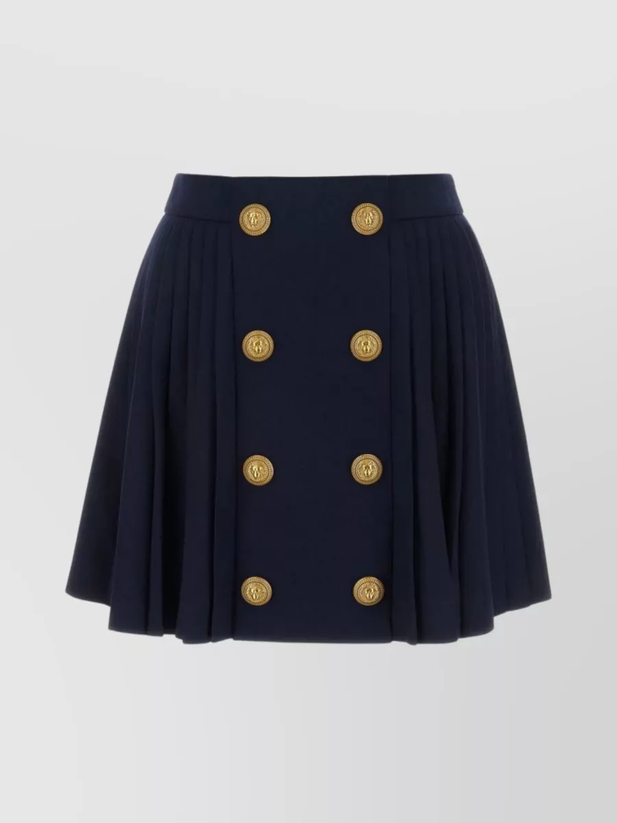 Shop Balmain Wool Pleated Mini Skirt With Gold-tone Buttons In Blue