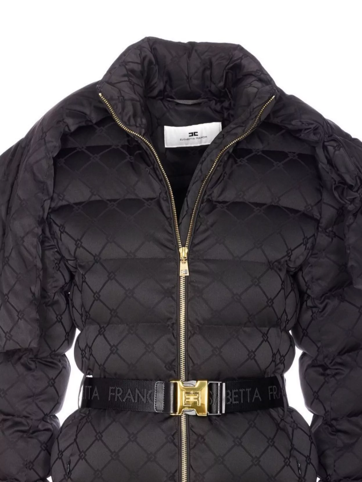 Elisabetta Franchi Quilted Coat With Belt And High Collar In Black