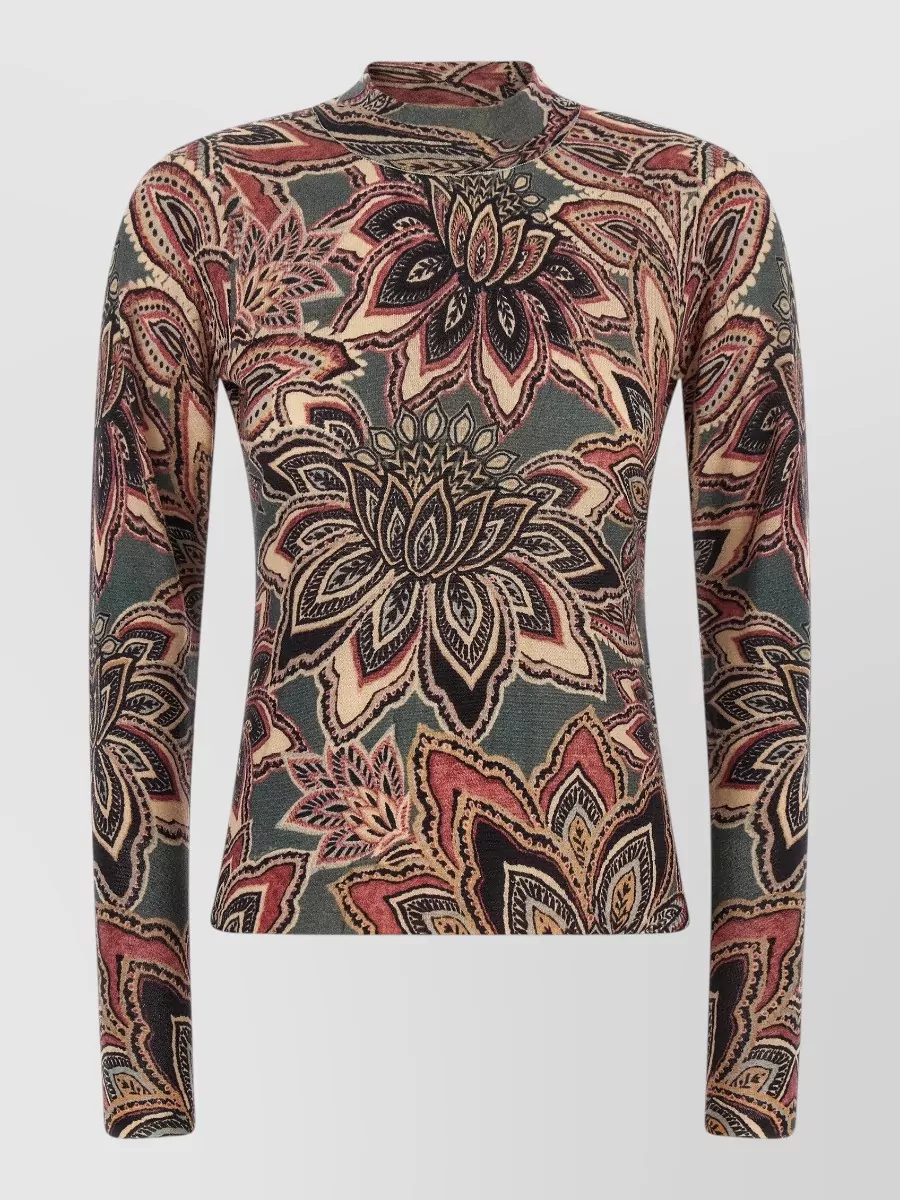Farm Rio wool fine-knit floral-print mock-neck long-sleeve top