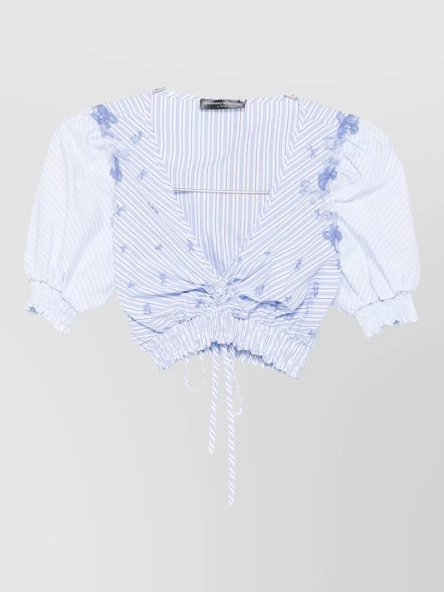 Ermanno Scervino Striped Floral-Embroidered V-Neck Puff-Sleeve Cropped Top