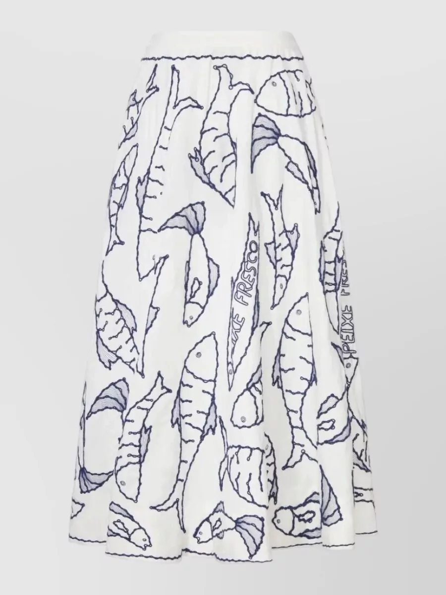Farm Rio Embroidered Midi A-Line Skirt