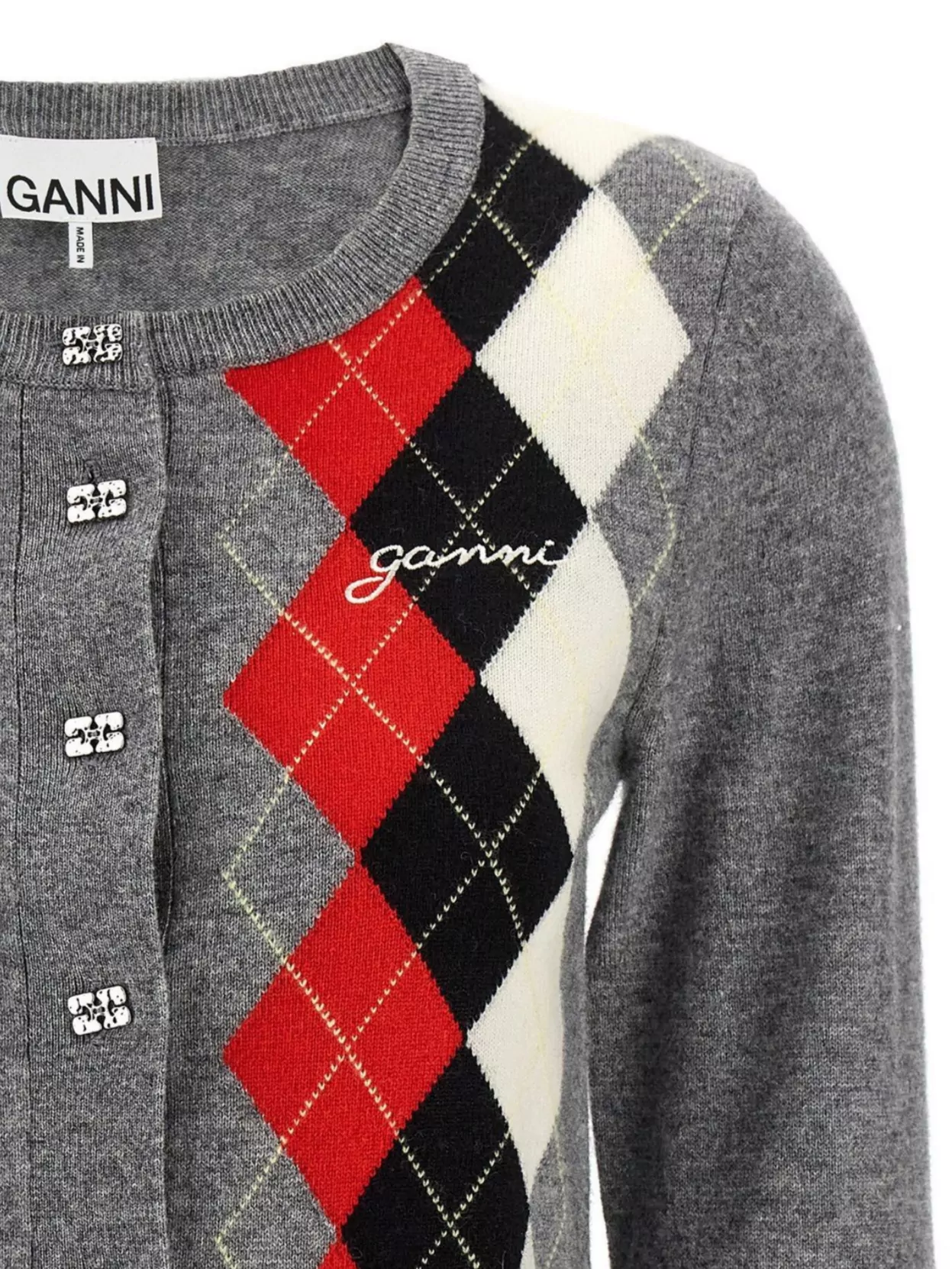 Ganni Womens Paloma Melange Rhombus-print Round-neck Wool And Cashmere Cardigan