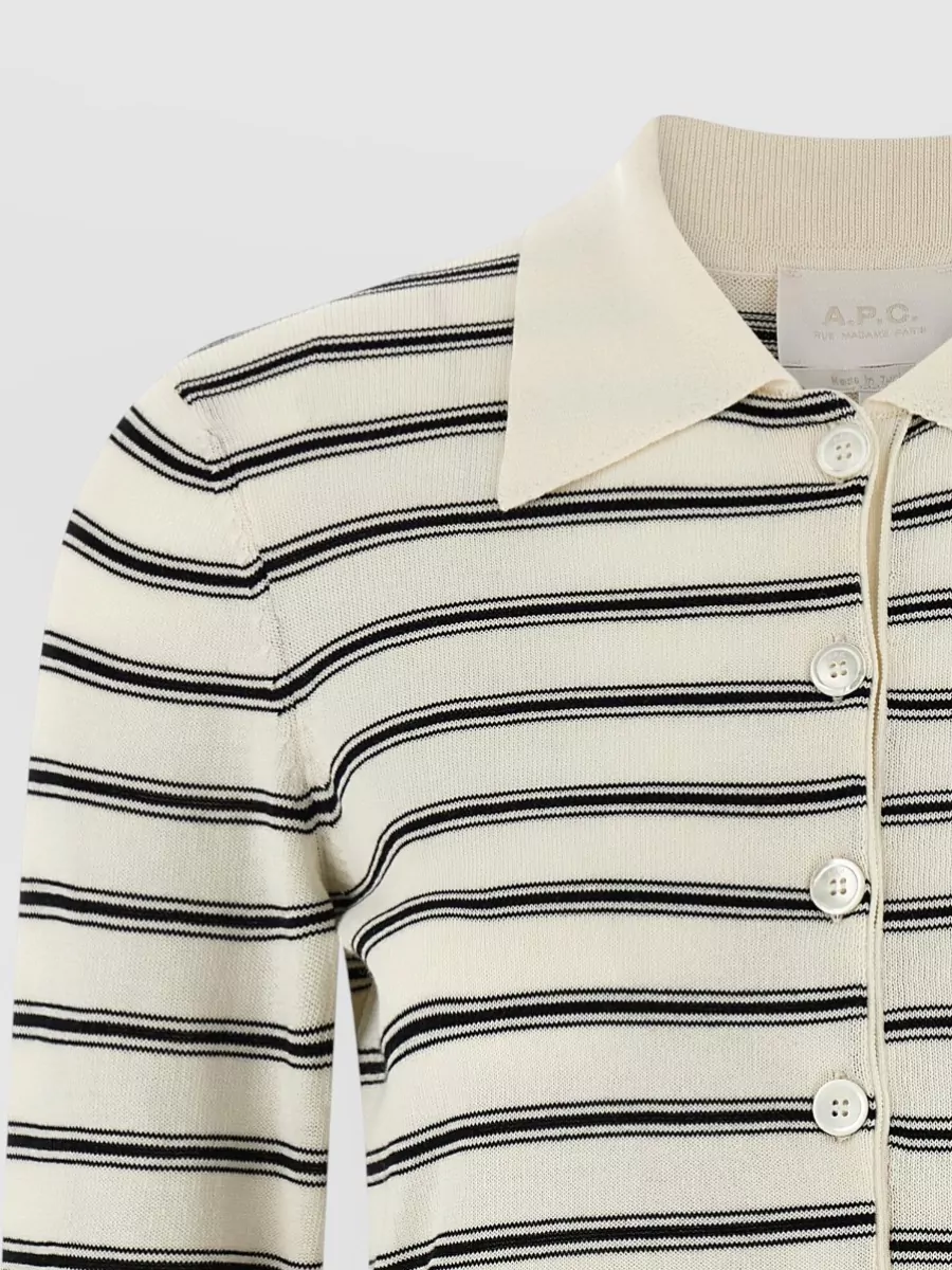 A.p.c. Collared Knit Cardigan Ribbed Cuffs Hem Stripes