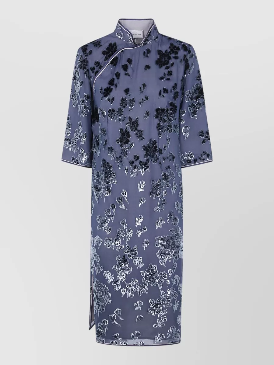 Pierre louise mascia Silk knee-length dress — The slate blue cheongsam-inspired sheath mirrors the coat’s inky floral jacquard and silver tones, creating a harmonious, formal evening column under the dramatic cape-coat.