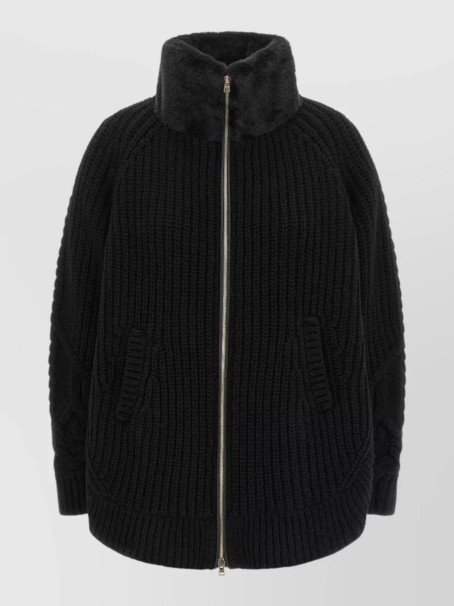 Herno wool ribbed cable knit high neck cardigan