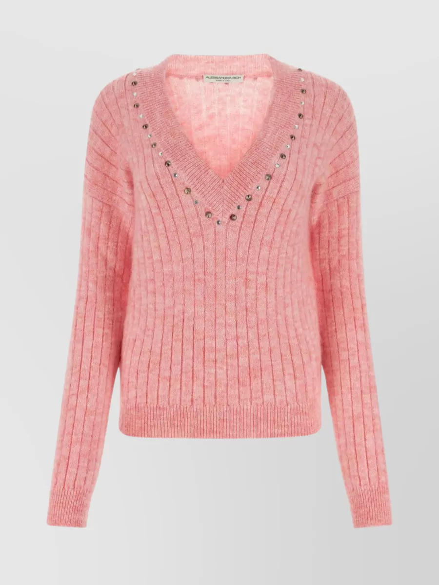 Shop Alessandra Rich Studded V-neck Wool Sweater In Pink