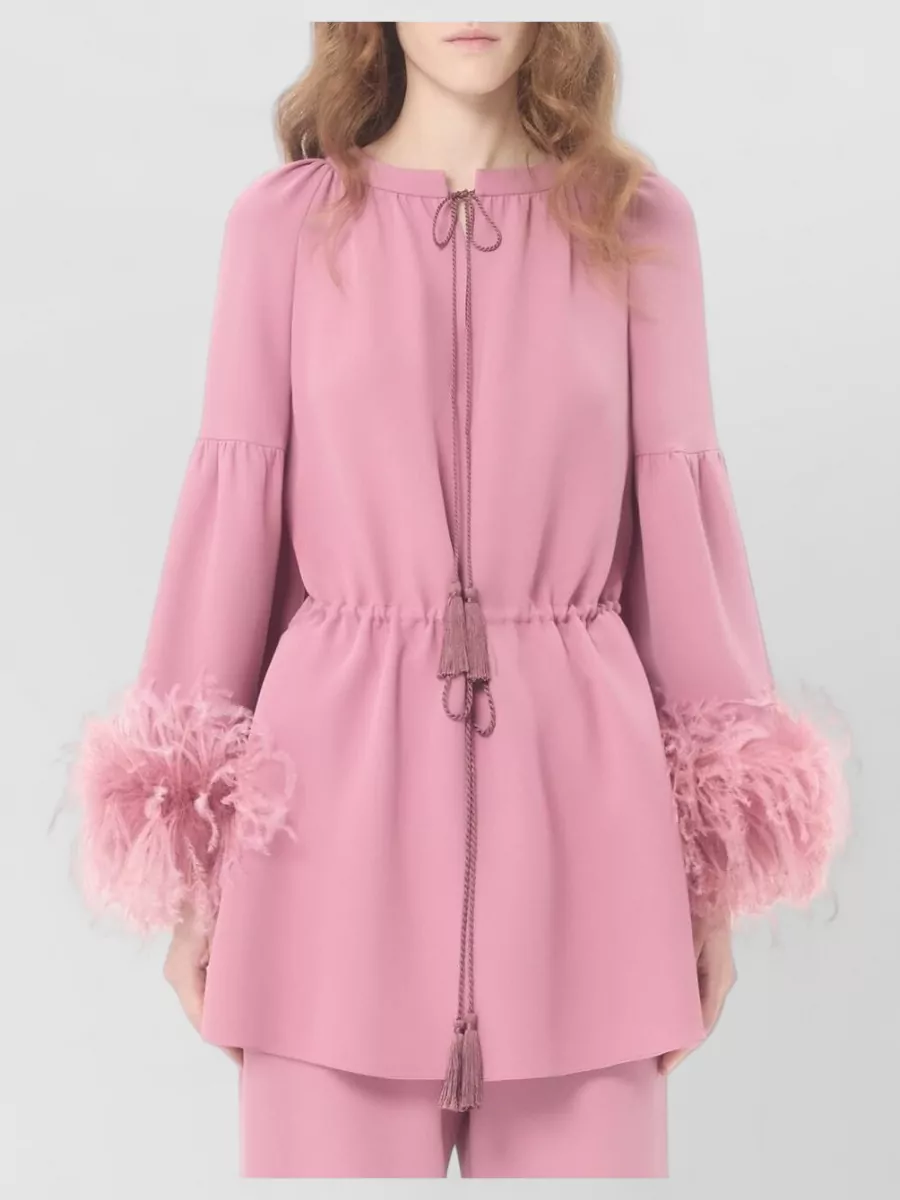 Valentino Silk Top Tassel Cuffs Gathered Shoulders