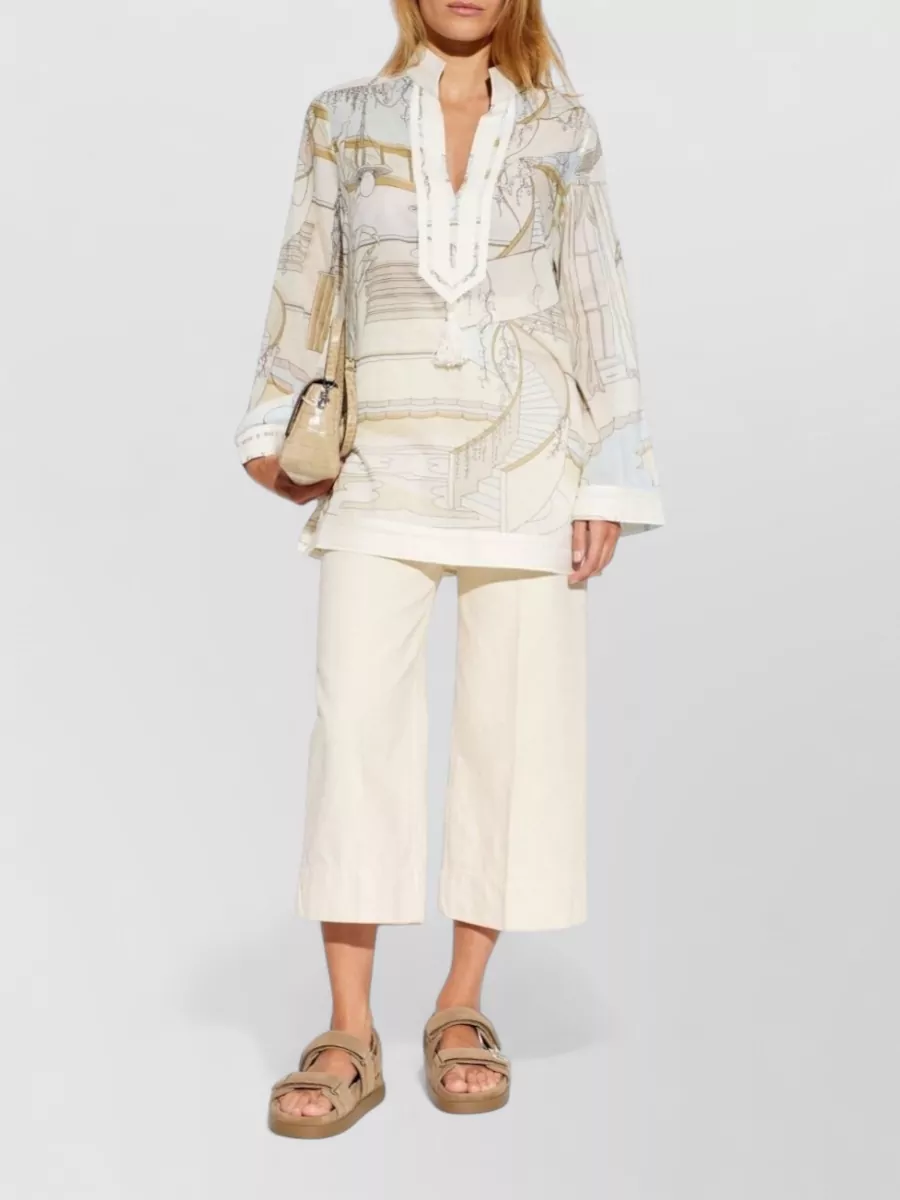 Tory Burch Printed Cotton V-Neck Long-Sleeve Tunic Dress