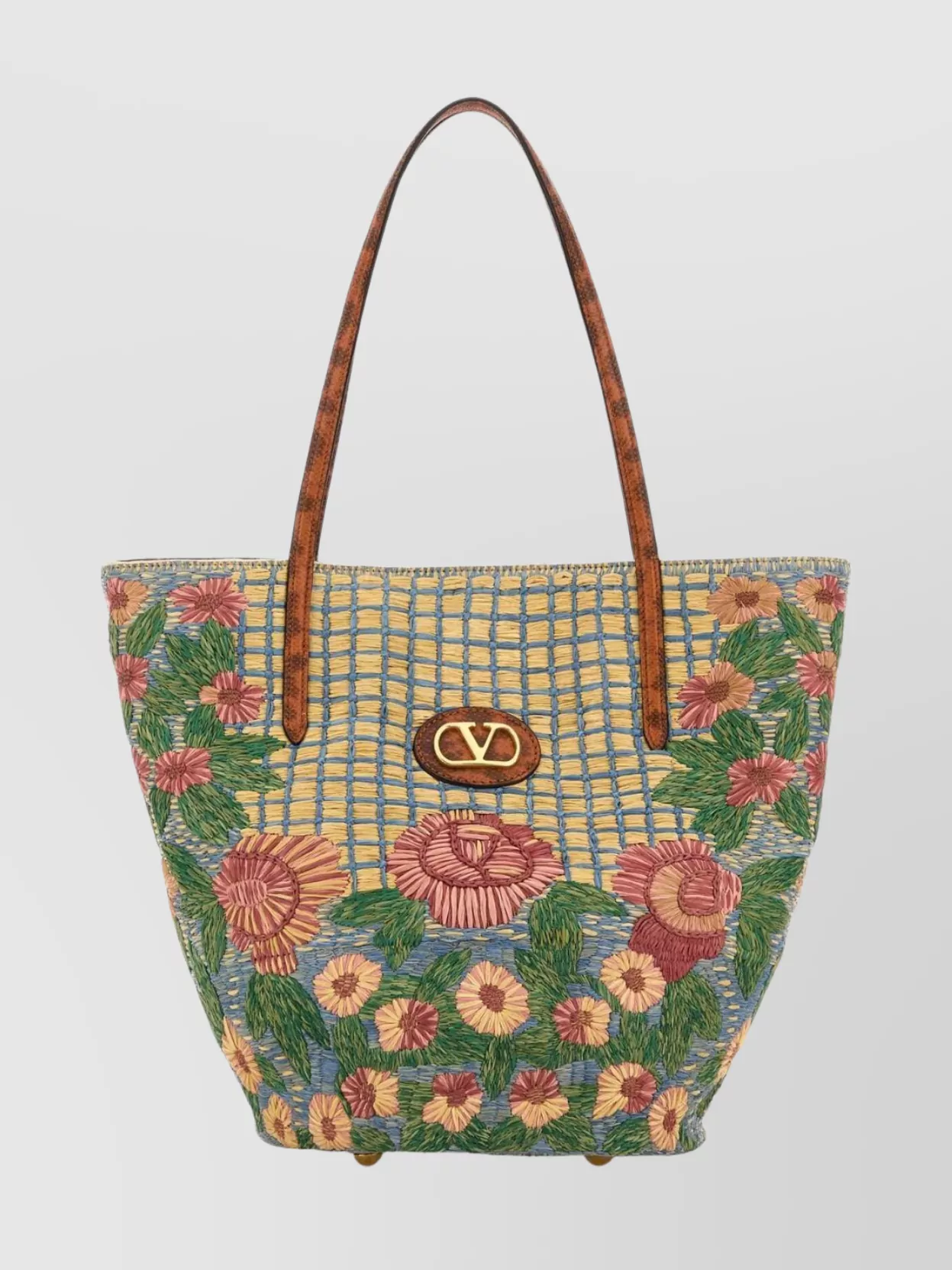 Valentino Garavani Embroidered Raffia Vlogo Signature Shopping Bag In Multi