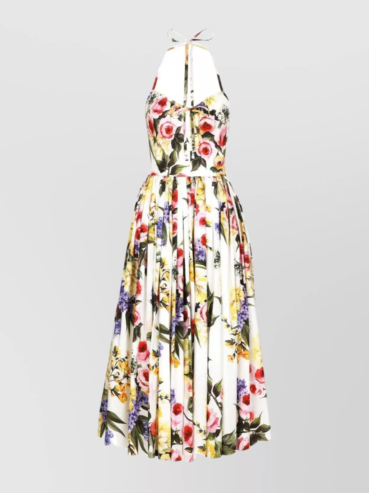 Shop Dolce & Gabbana Floral Pleated Midi Dress With Halterneck Tie