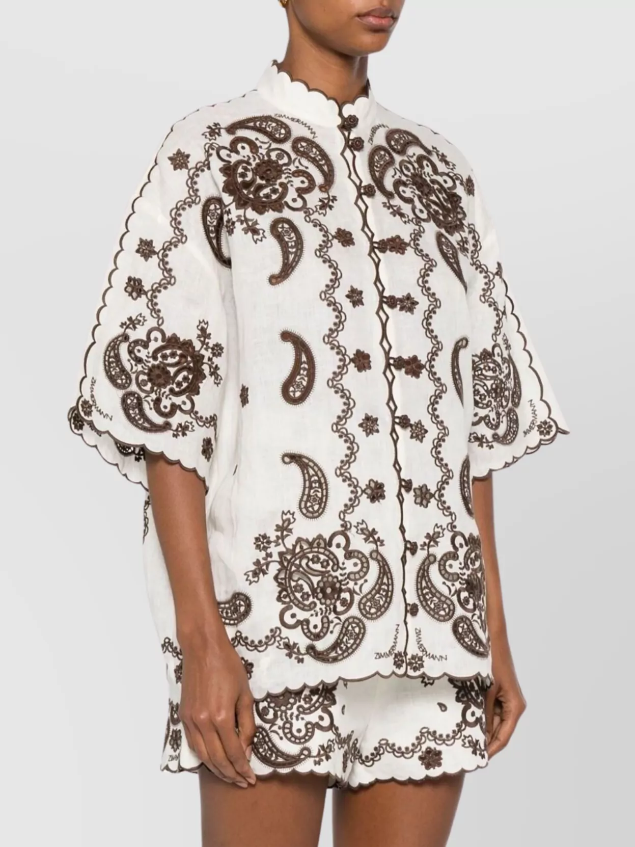 Zimmermann Linen Embroidered Short-Sleeve Mock-Neck Blouse