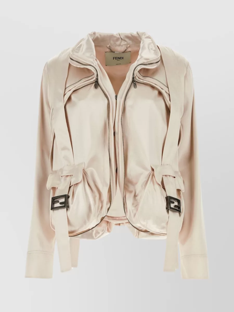 Shop Fendi Satin Jacket With Adjustable Waist And Zipped Collar In Cream