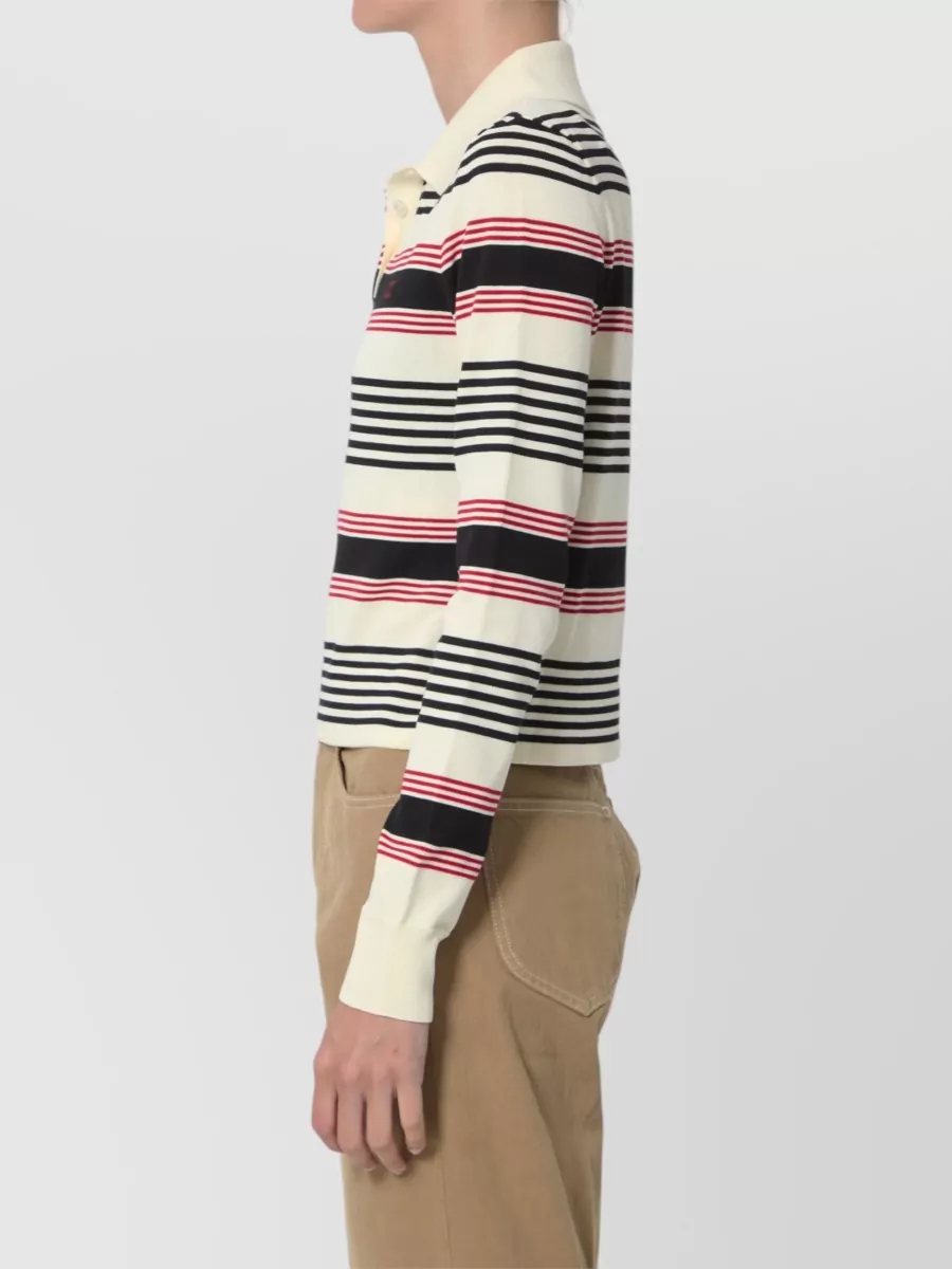 Celine Striped ribbed cropped long-sleeve polo shirt