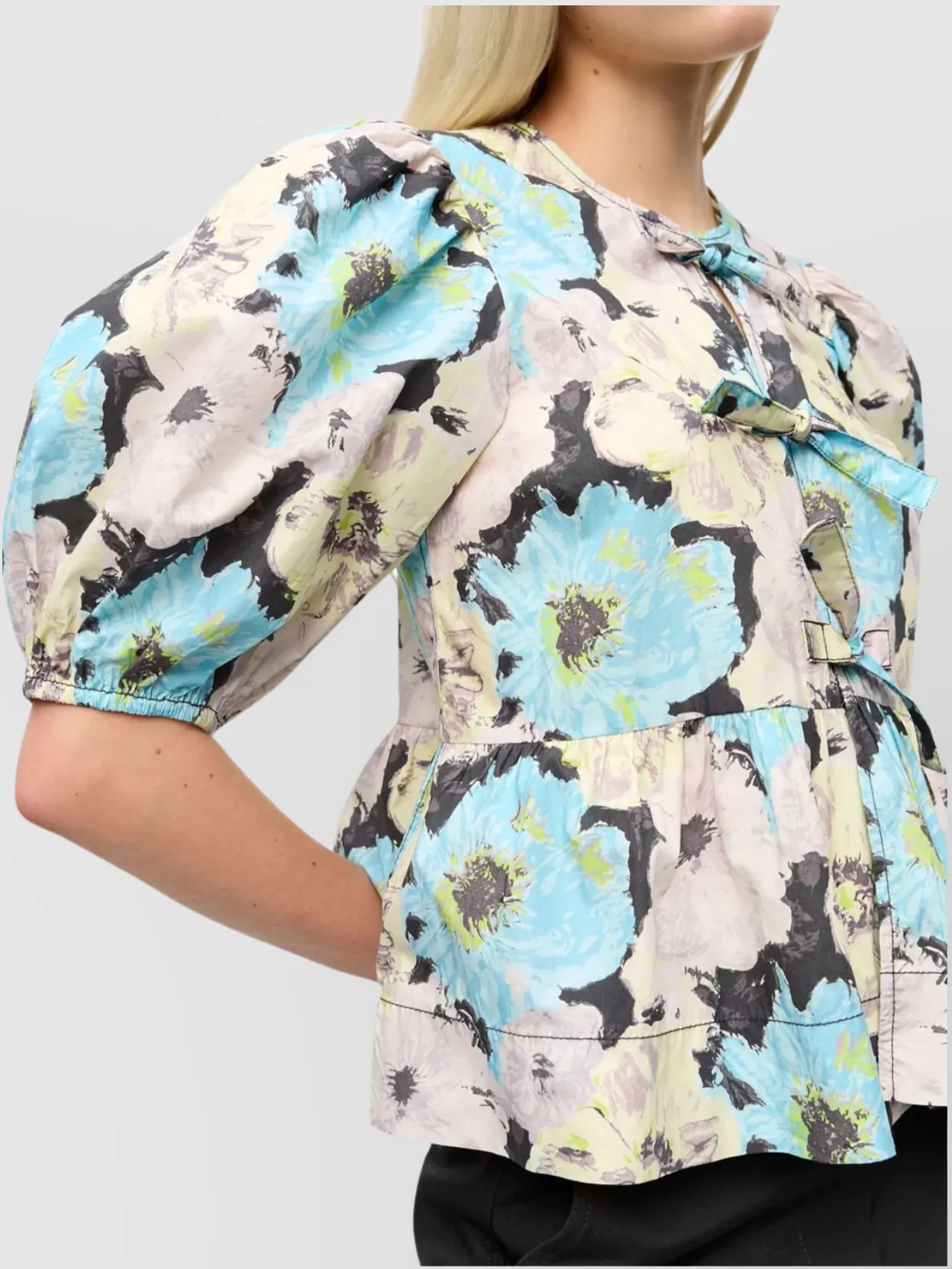 Ganni Floral Print Cotton Peplum Blouse