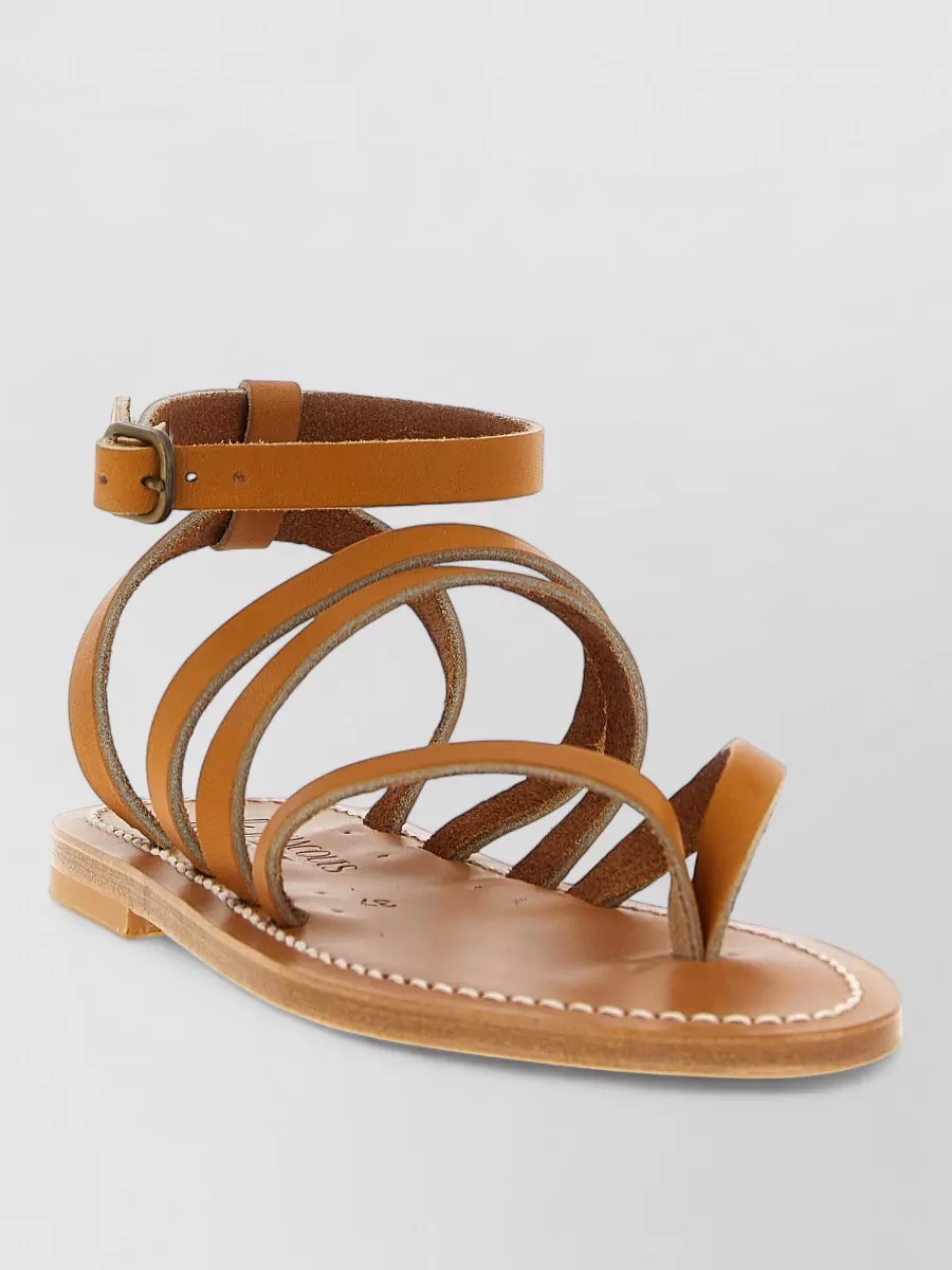 Kjacques Flat Sole Strappy Open Toe Ankle Strap Sandals In Brown