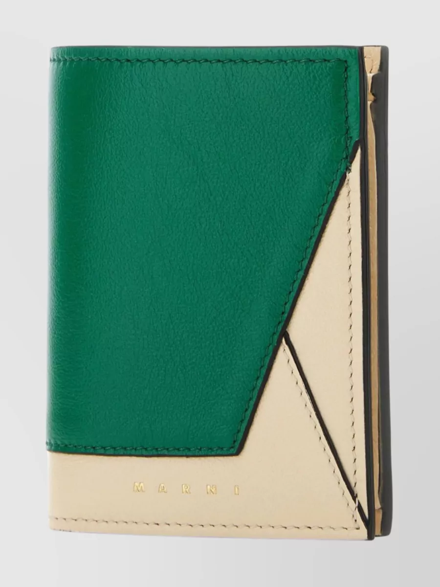 Shop Marni Bi-color Stitched Leather Duo Wallet In Green