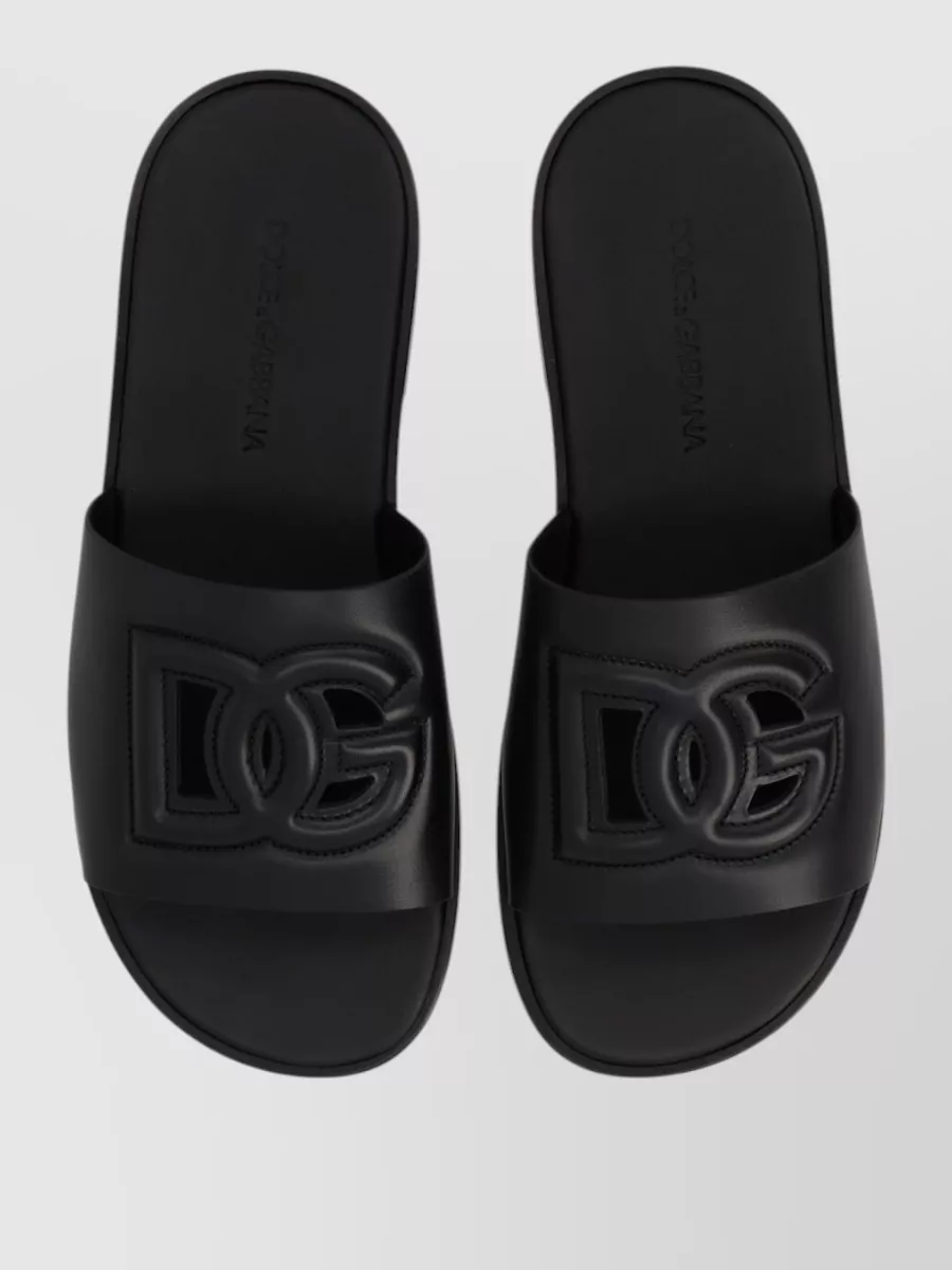Dolce&Gabbana Leather Logo Slides Flat Sole Open Toe
