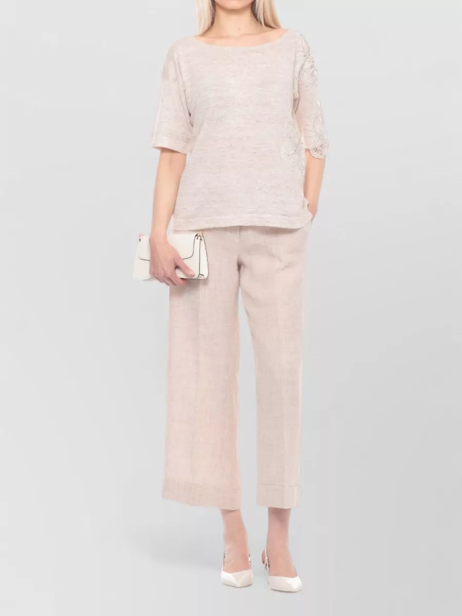 D.exterior Linen Blend Short-Sleeve Crewneck Top