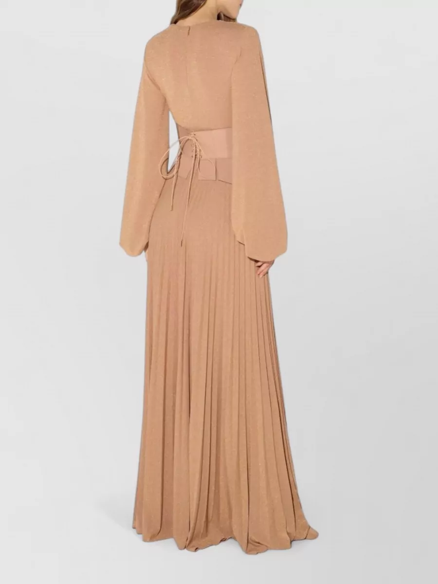 Elisabetta Franchi Lurex Jersey V-Neck Long-Sleeve Pleated Maxi Dress