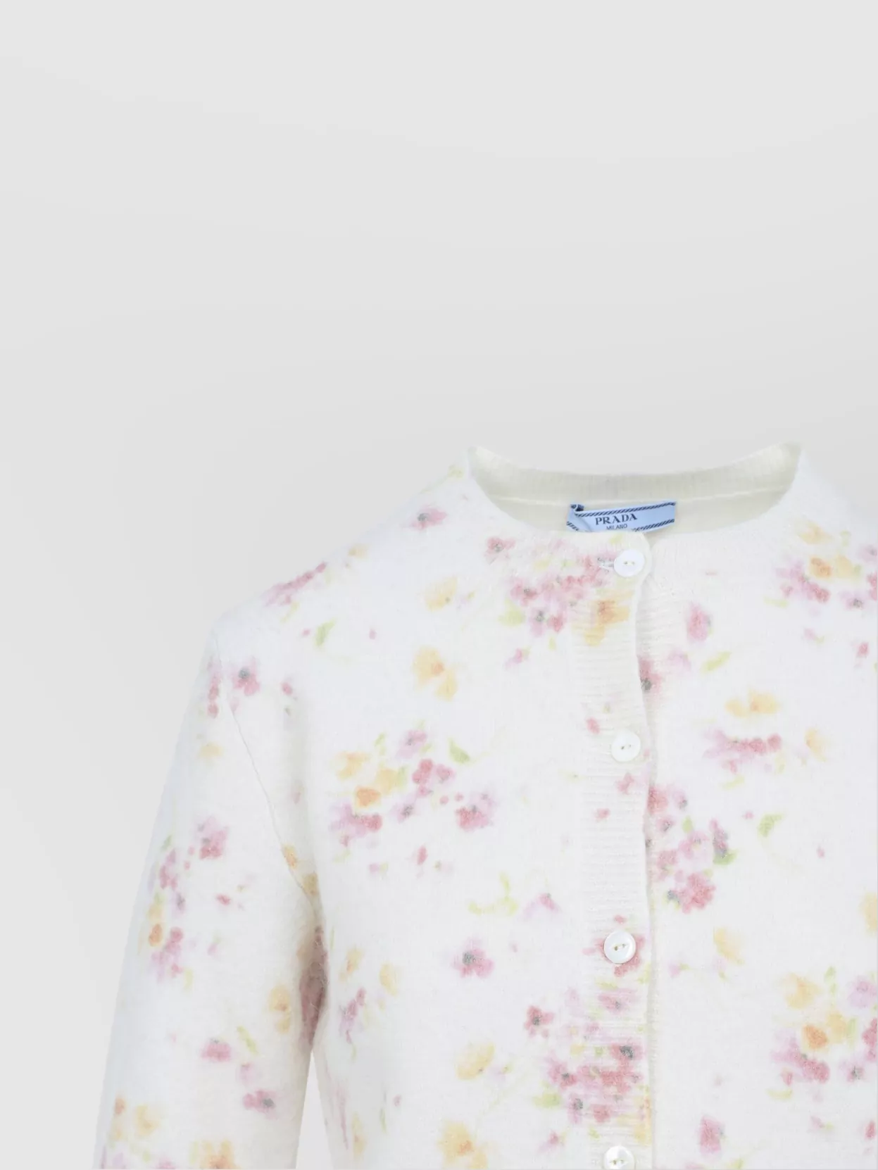 Prada Floral Pattern Long Sleeve Crew Neck Cardigan In White