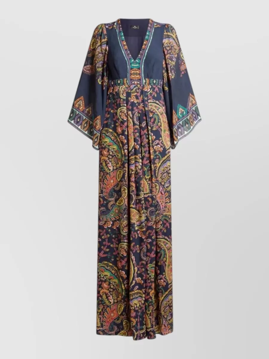Etro silk paisley-print v-neck long-sleeve maxi dress