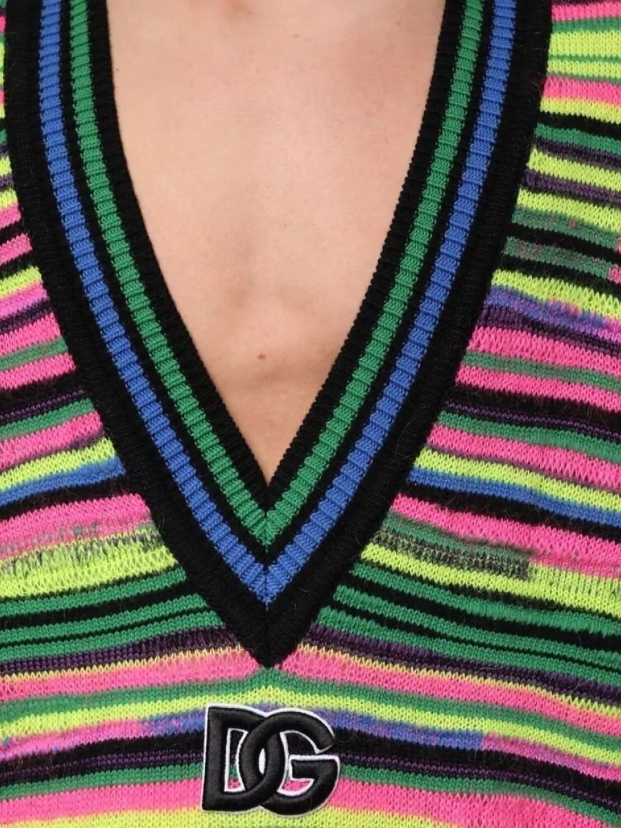 Dolce&Gabbana Striped V-Neck Logo-Knit Jumper