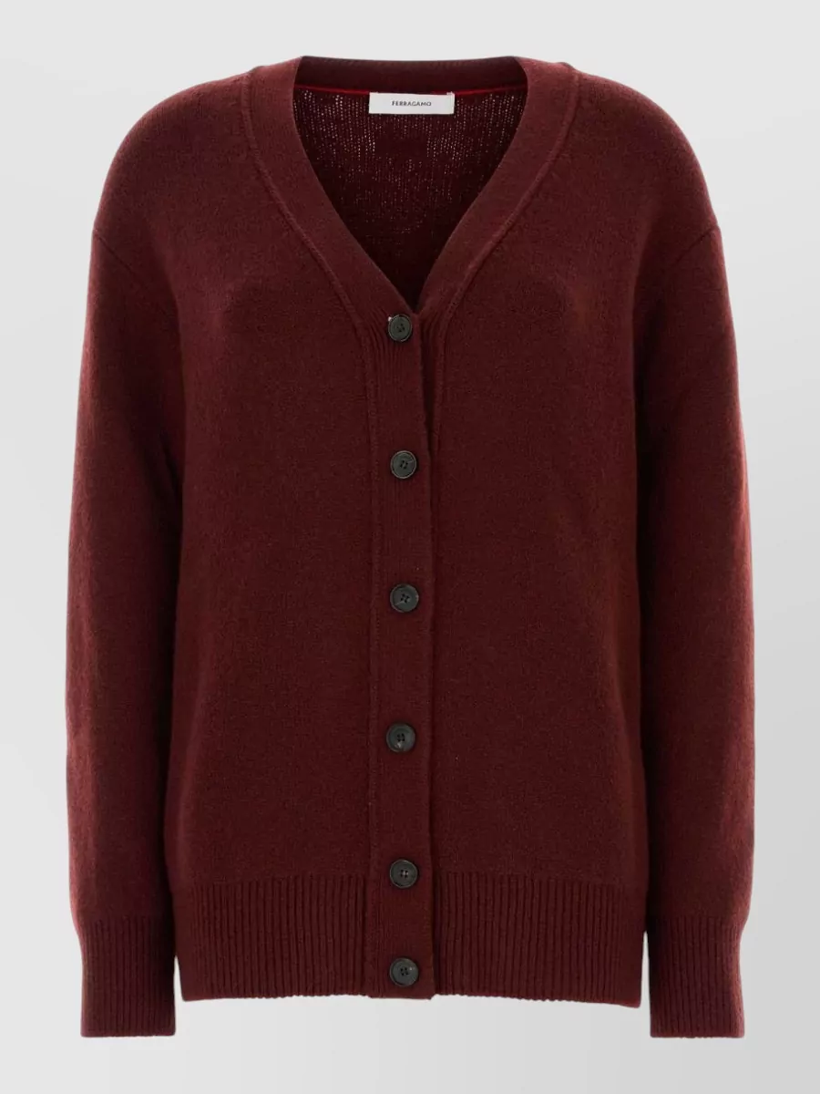 Ferragamo Cashmere Blend Cardigan Long Sleeves In Burgundy