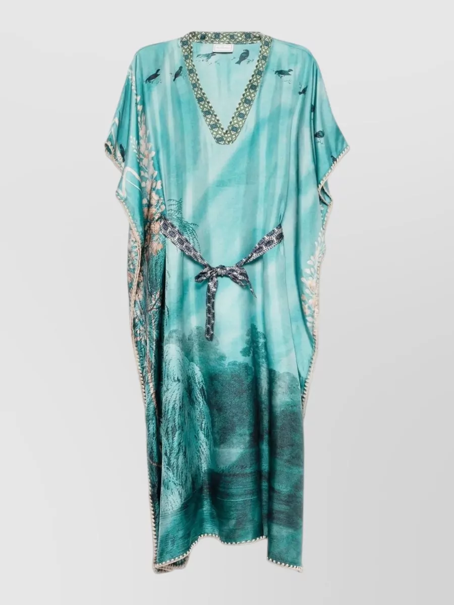 Pierre Louise Mascia Silk Printed V-Neck Kaftan