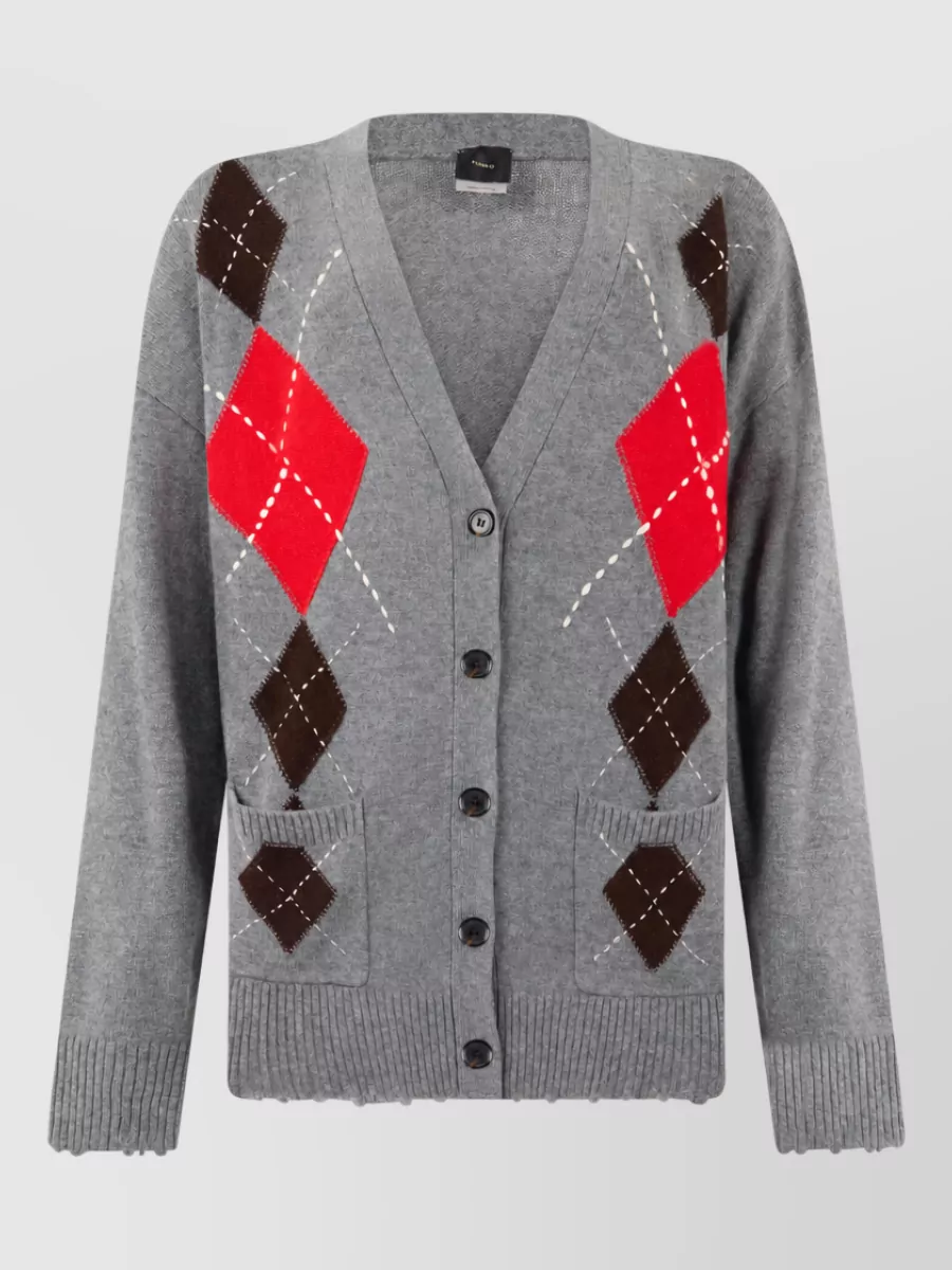 Pinko cashmere wool diamond v-neck long-sleeve cardigan