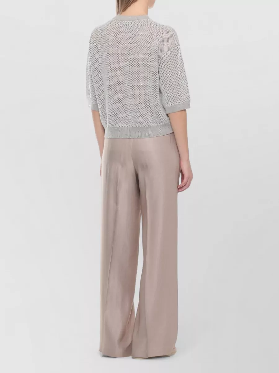 Peserico Cotton Crewneck 3/4-Sleeve Cutout Sequin Knitted Top