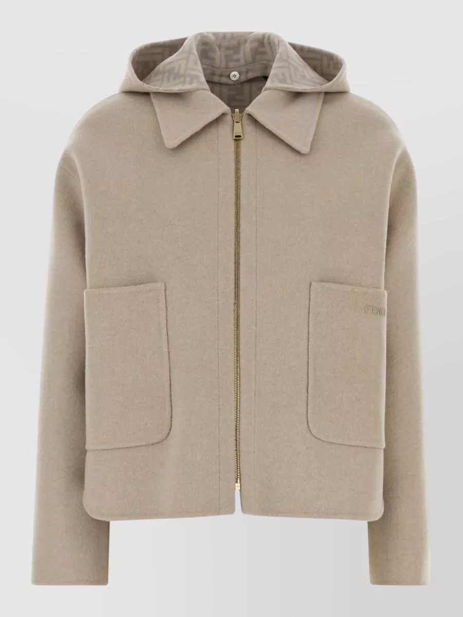 Fendi Wool Reversible Hooded Jacket Long Sleeves In Neutral