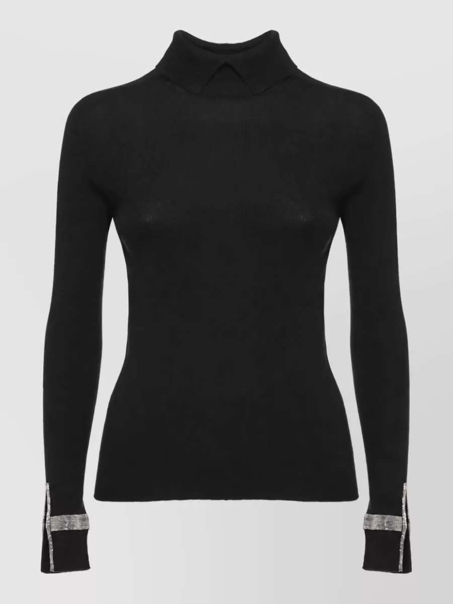 D.exterior wool ribbed high neck long sleeve sweater