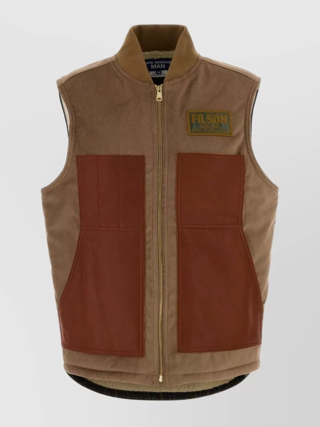 Junya Watanabe Sleeveless Jacket With Patch Pockets And Contrast Panels In Brown