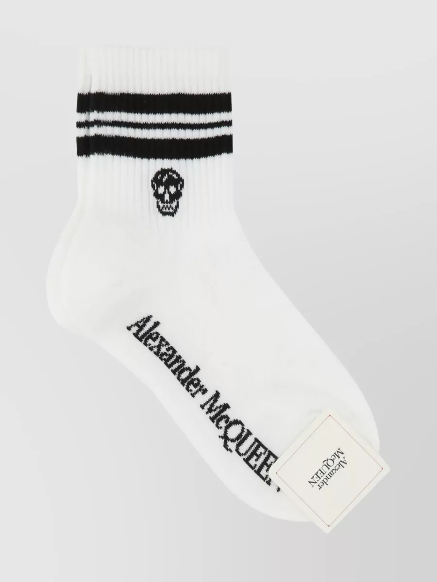 Shop Alexander Mcqueen Skull Embroidered Ribbed Cotton Socks In White