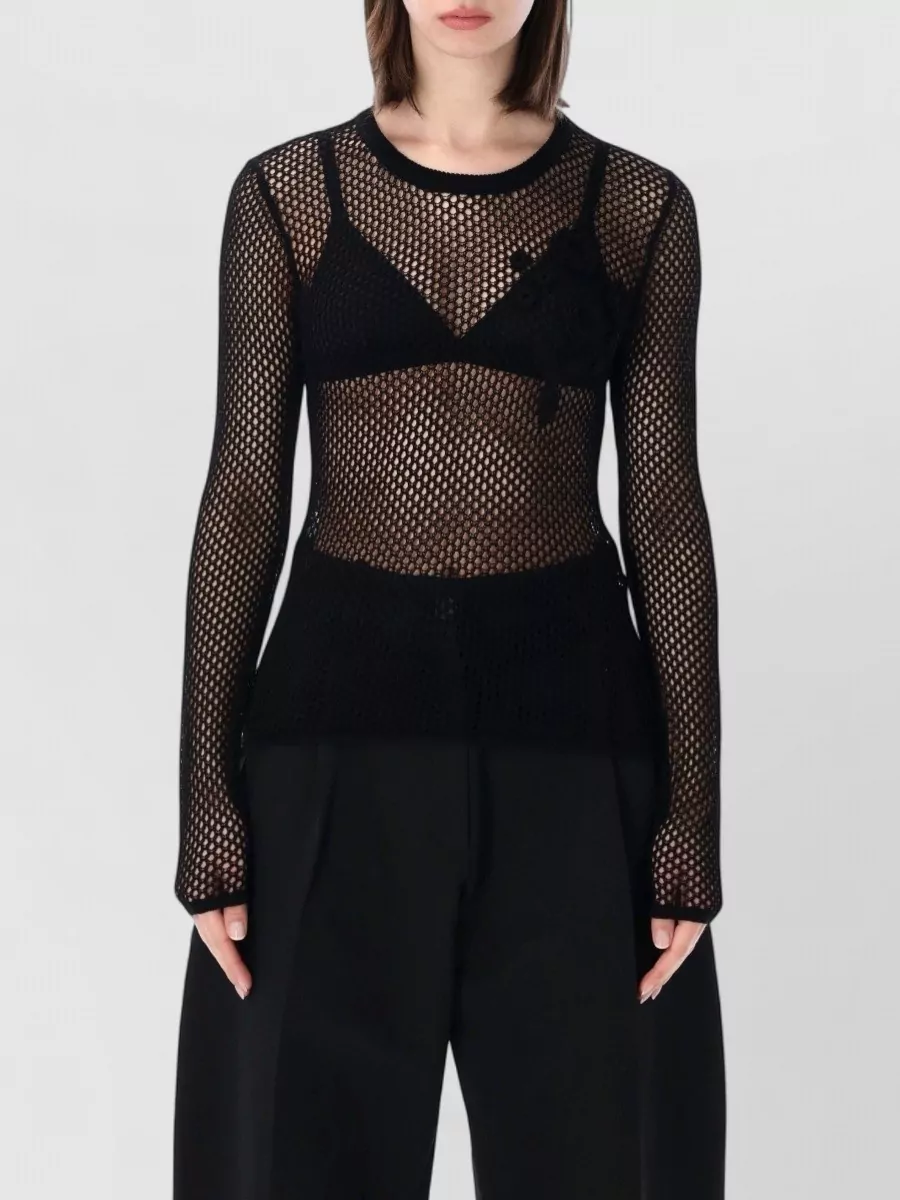 Ganni organic cotton open-knit long-sleeve top