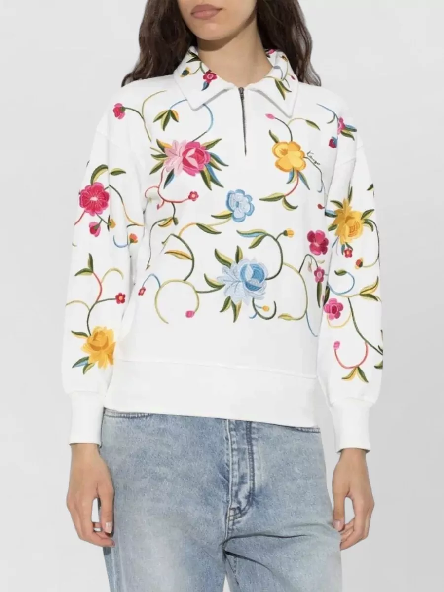 Kenzo Cotton Floral-Embroidered Quarter-Zip Sweatshirt