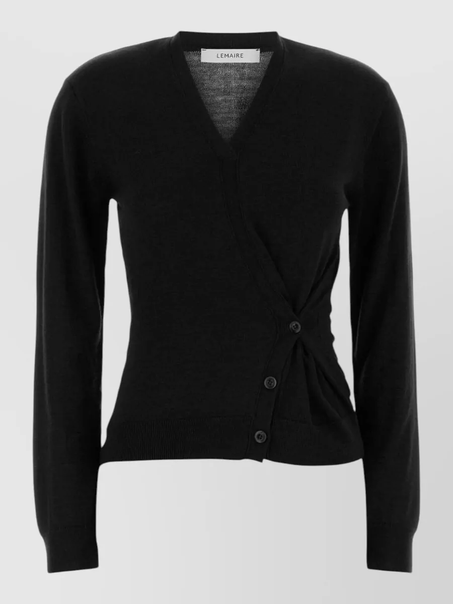 Lemaire Wool Acrylic V Neck Sweater Button Detail In Black