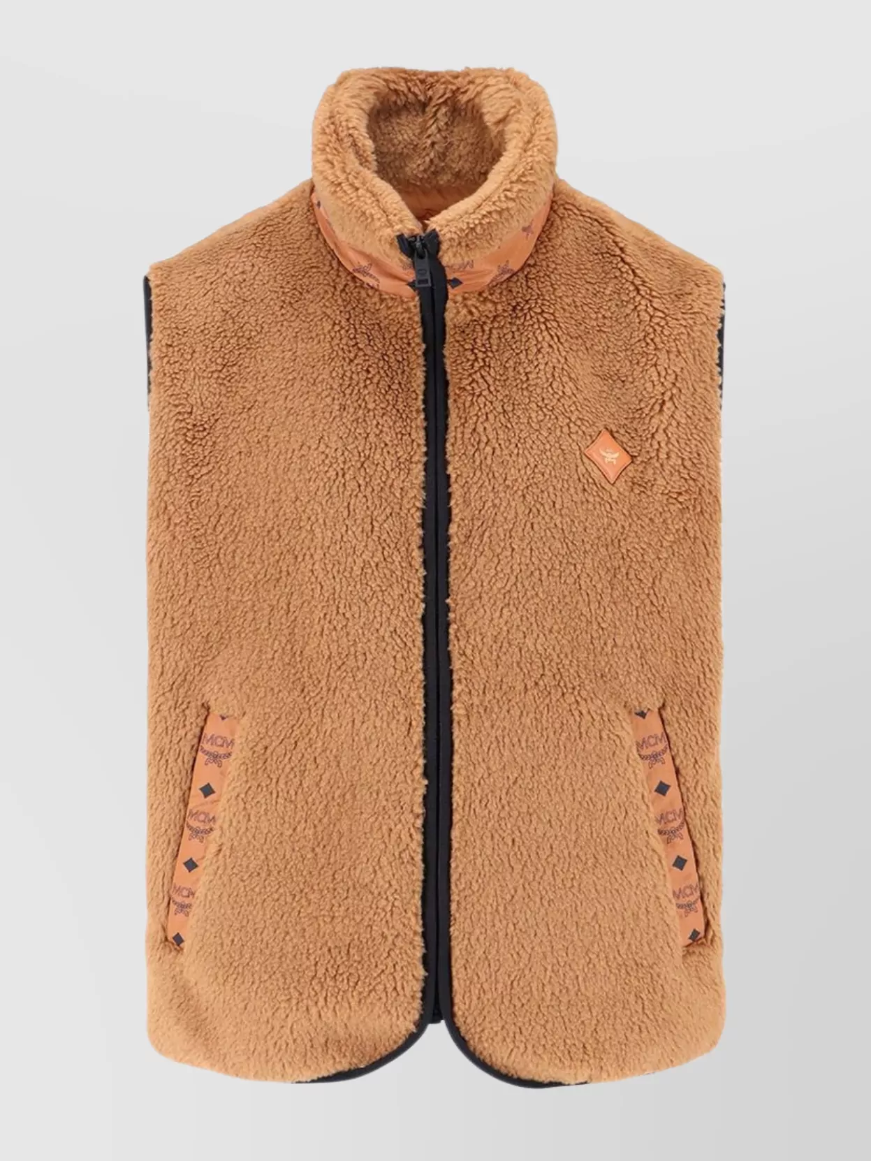 Mcm Shearling Sleeveless High Collar Jacket Side Pockets