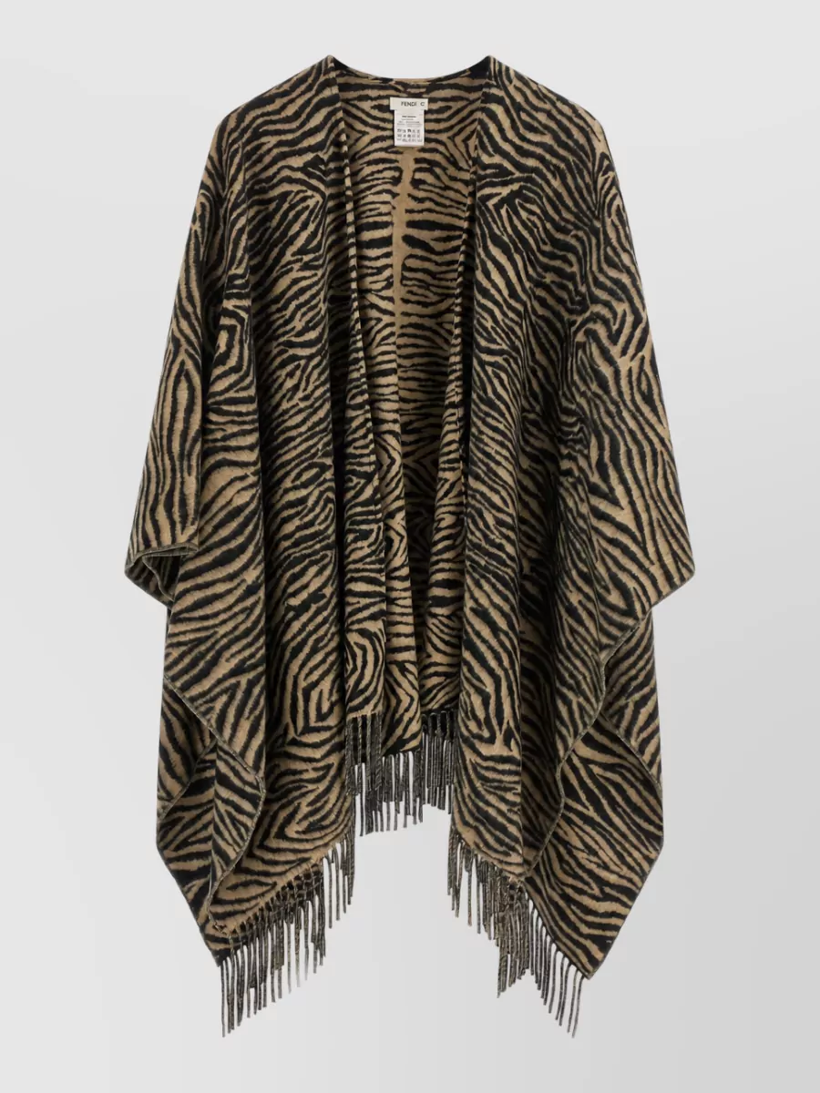 Fendi wool tiger-print fringed poncho